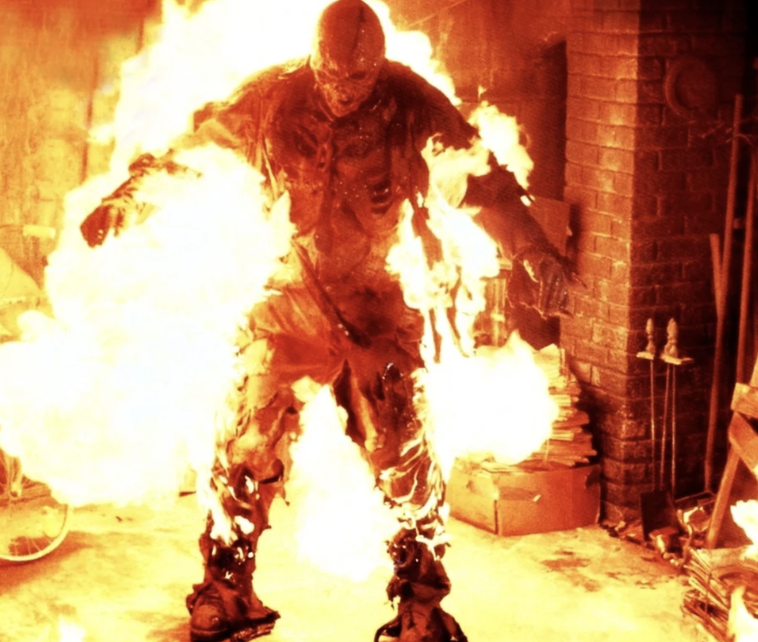 “This film set a record for longest uninterrupted on-screen controlled burn in Hollywood history. Kane Hodder was set on fire and stayed alight for a record-setting 40 seconds.”